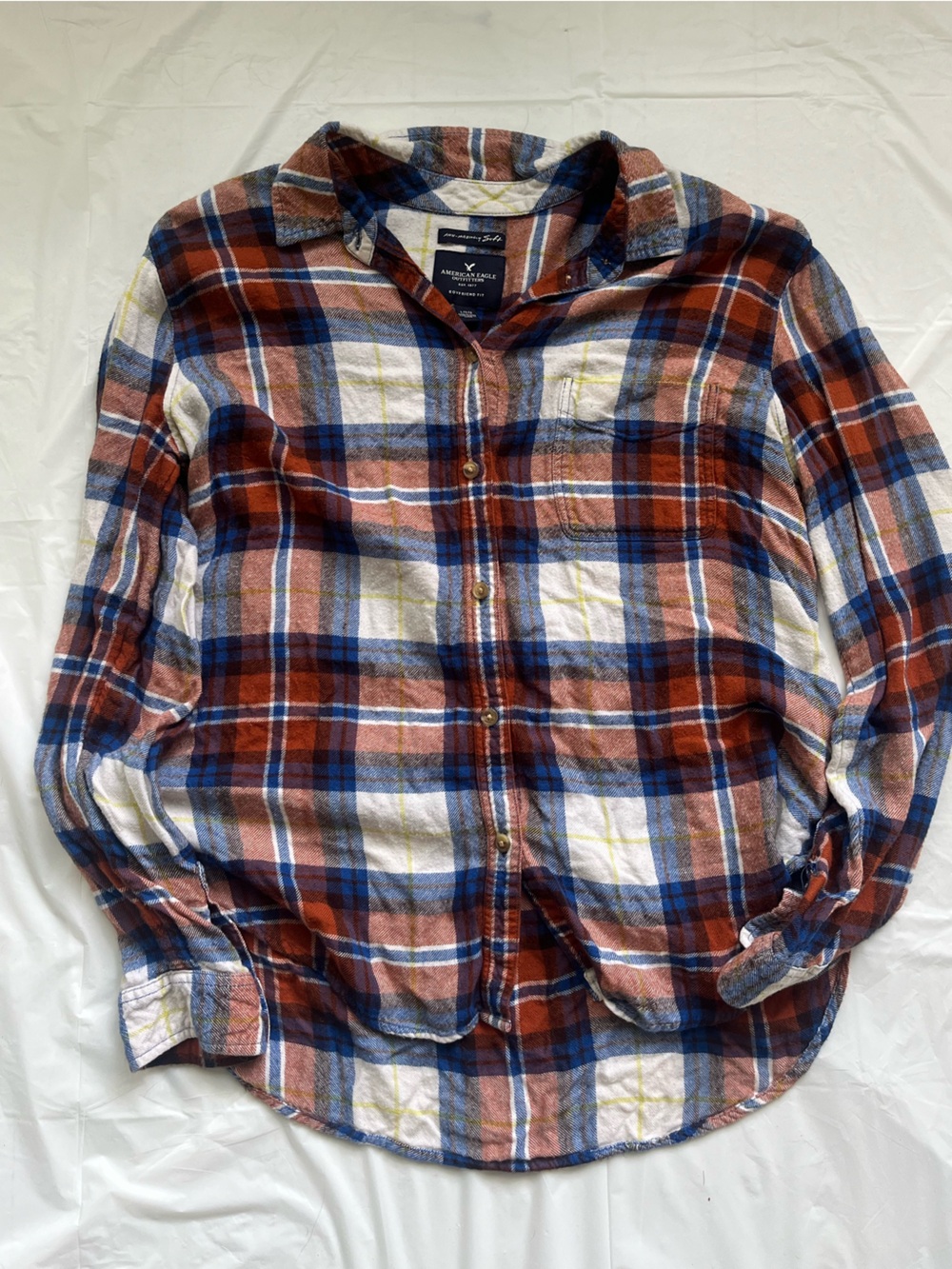 American Eagle Women’s L Blue White Plaid Button-Down Shirt Boyfriend Fit Fall
